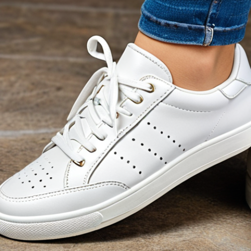 **Image of classic white sneakers:** Focus on a versatile pair of white sneakers, suitable for pairing with jeans or a summer dress. Highlight the quality of the leather or synthetic materials and emphasize comfort features like memory foam insoles.