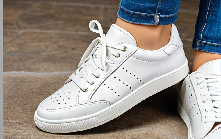 **Image of classic white sneakers:** Focus on a versatile pair of white sneakers, suitable for pairing with jeans or a summer dress. Highlight the quality of the leather or synthetic materials and emphasize comfort features like memory foam insoles.